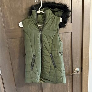 Maurices Olive Green Quilted Vest with Black Fur Hood